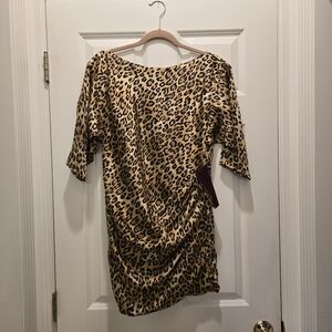 Just Cavalli Mini Dress 38 Leopard Animal Print 100% Silk Satin Ruched Wide Neck